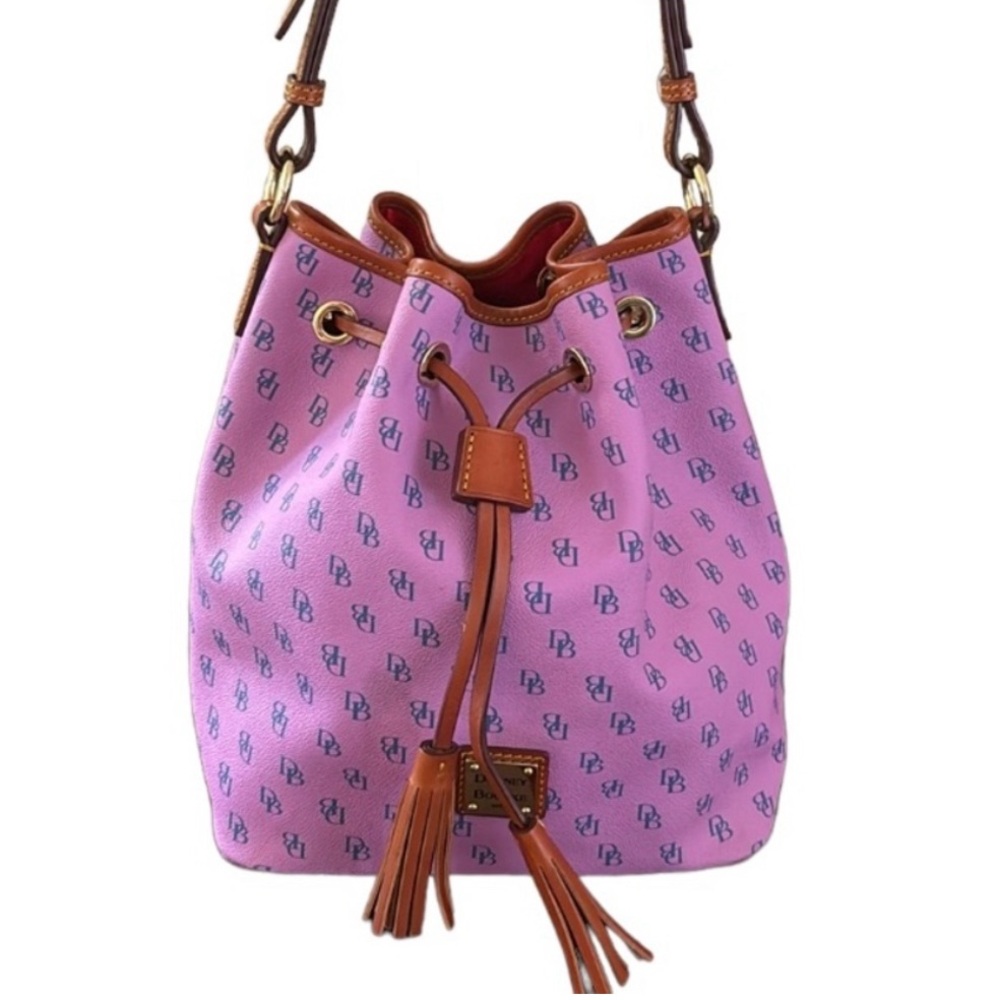 Dooney & Bourke Pink Logo Drawstring Bucket Bag with Brown Trim